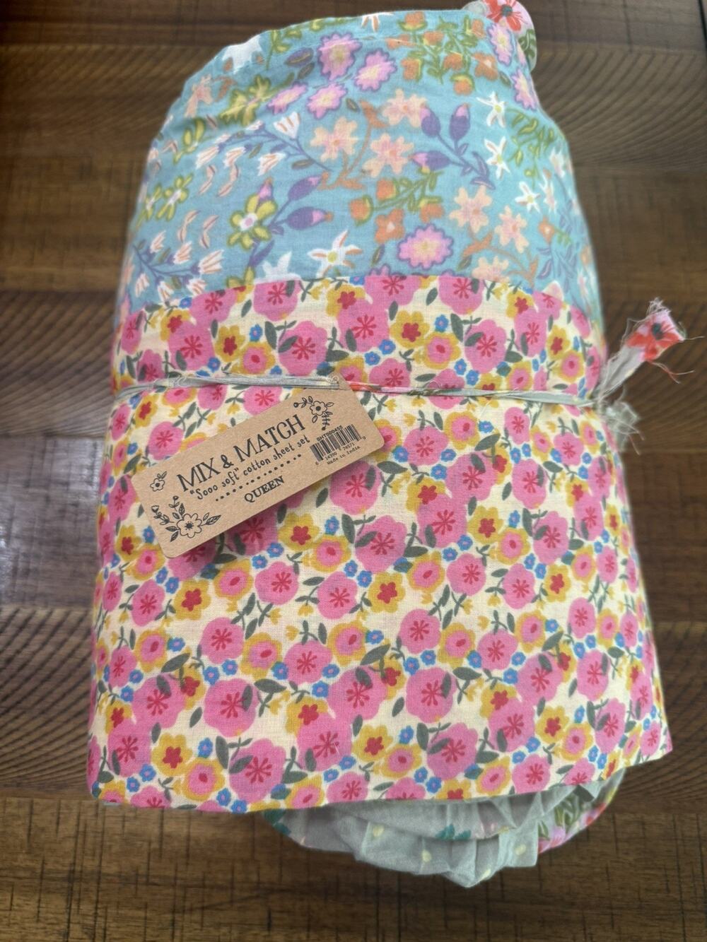 NEW Natural Life Sooo Soft Cotton Queen Sheet Set Pink Blue Floral Boho Cottage